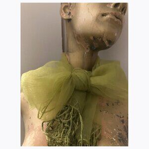 VTG Chiffon Scarf 56 X 22 Olive Green Sheer Chiffon Scarf with Fringe